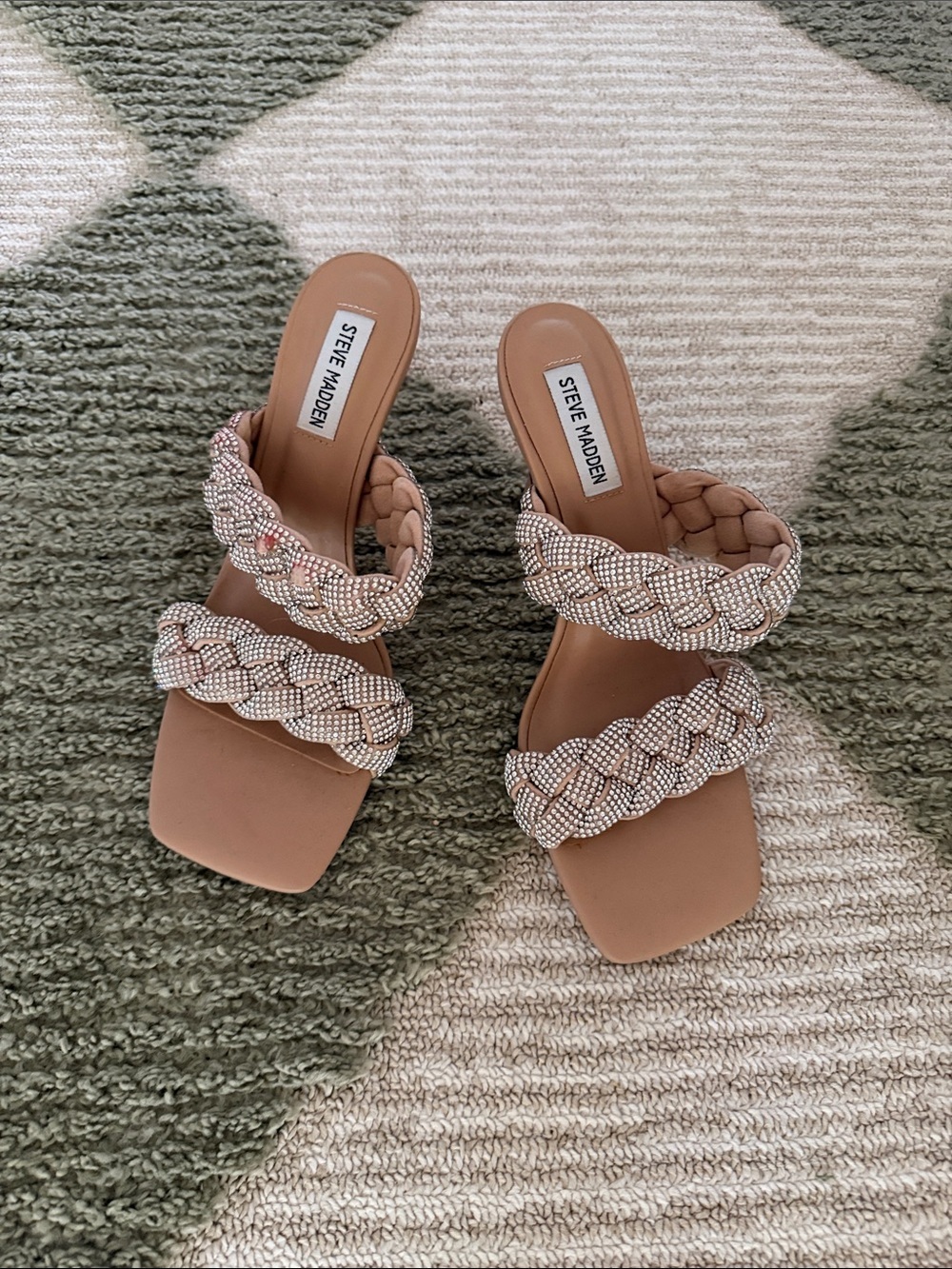 Steve Madden Tan Braided Crystal-Embellished Slide Sandals
